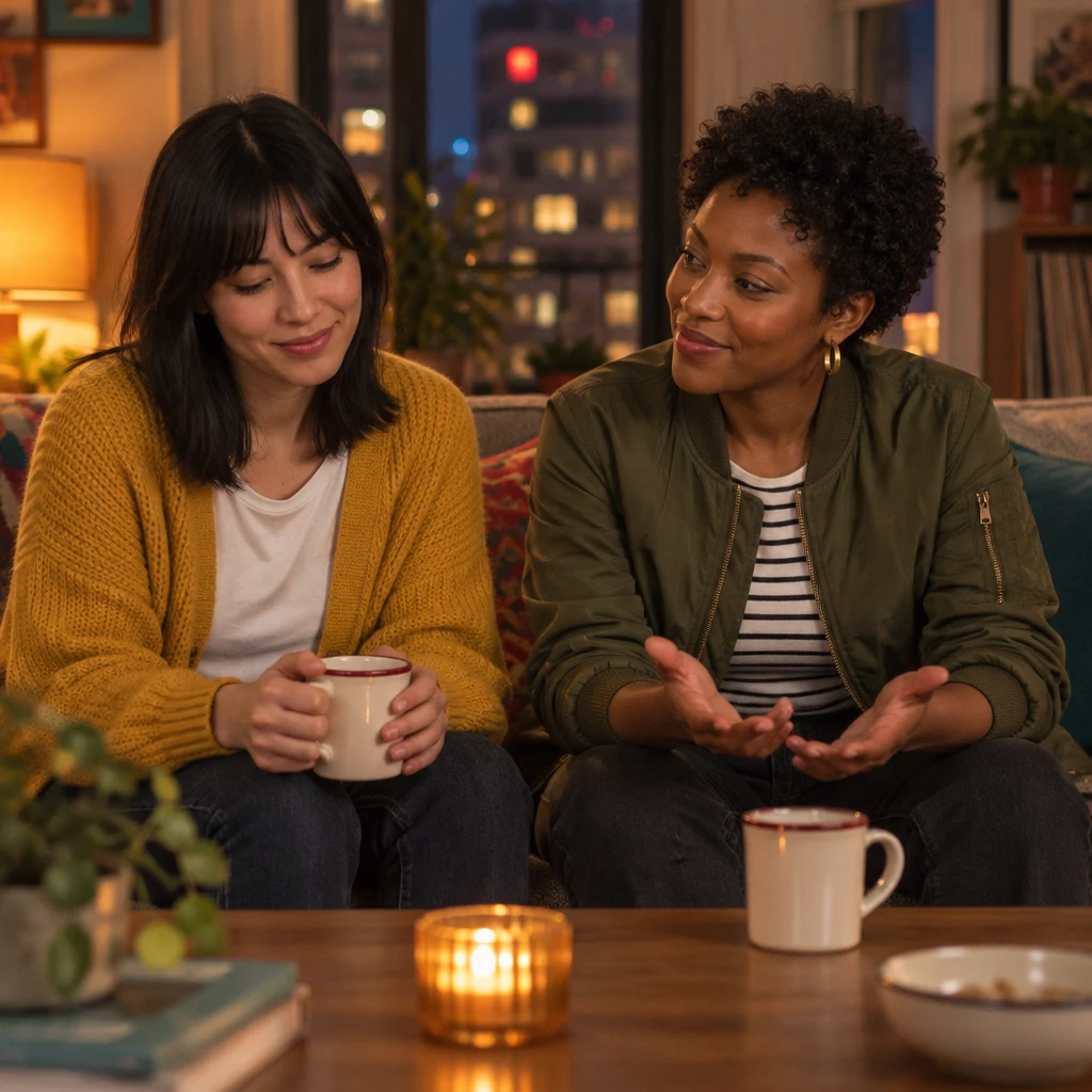 Tasha offers Ana a calm, open-palmed gesture as Ana looks toward the table.