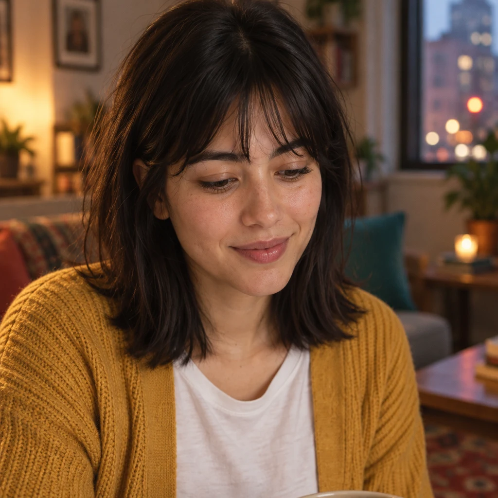 Ana looks down toward her mug, absorbed in thoughts about the train.