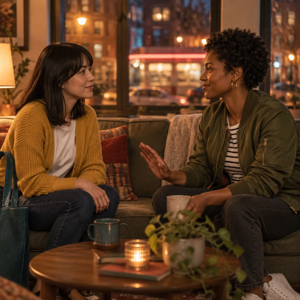 Tasha gently turns toward Ana with a small reassuring hand gesture.
