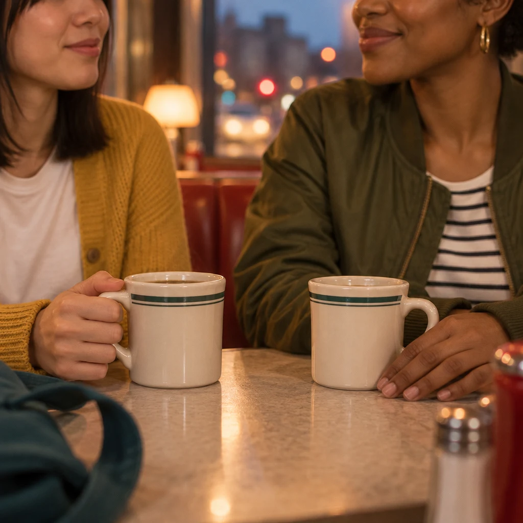 Two mugs and the women’s relaxed hands share the small table.