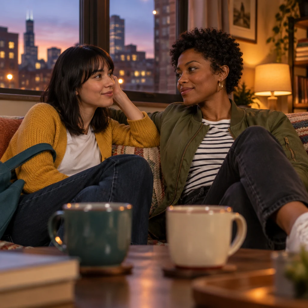 Tasha looks steadily toward Ana as they sit together beside the mugs.