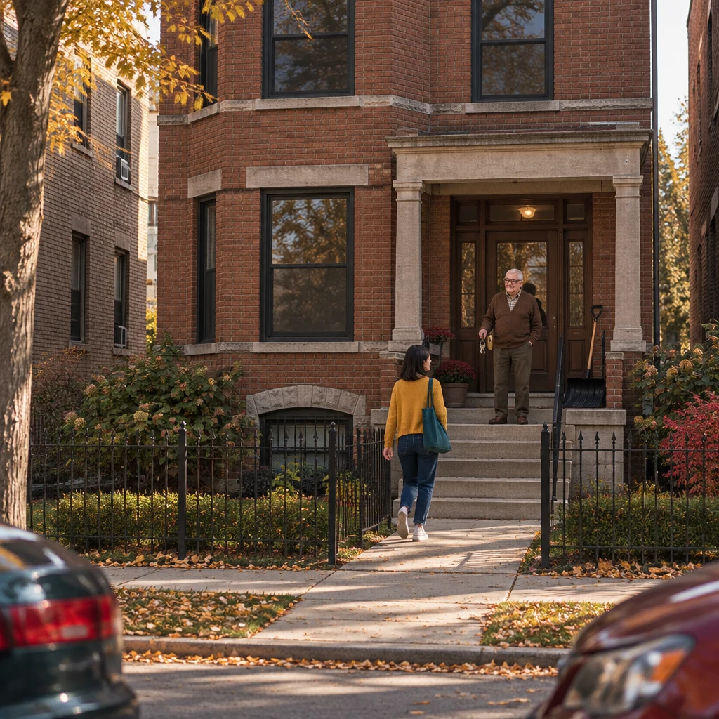 Ana walks up the front path while Mr. Kowalski waits on the porch with keys and a snow shovel by the door.