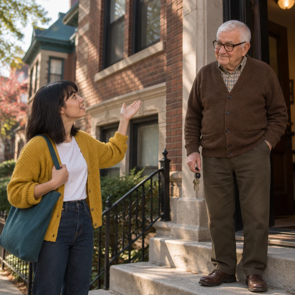 Ana politely greets Mr. Kowalski and asks whether the apartment is still available to rent.