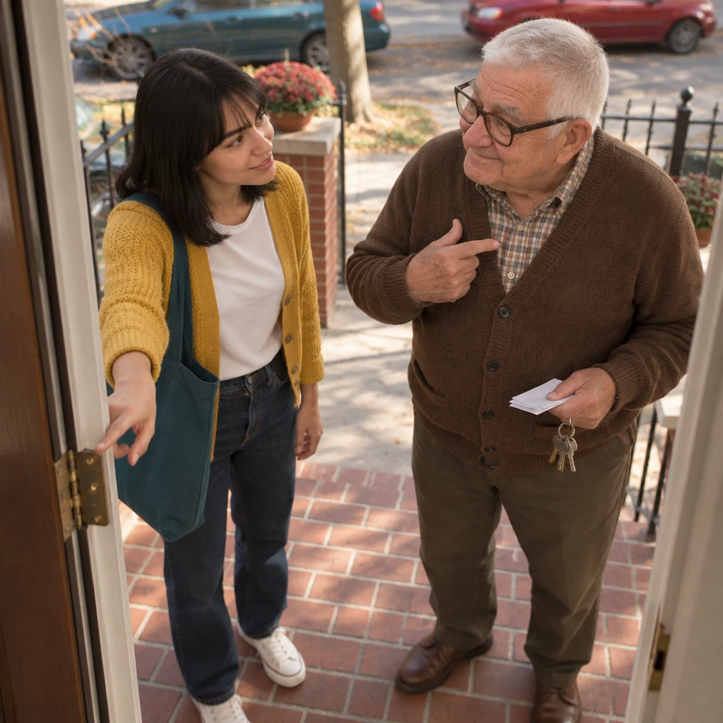 Ana asks who fixes things, and Mr. Kowalski gestures to himself to show that he handles repairs.