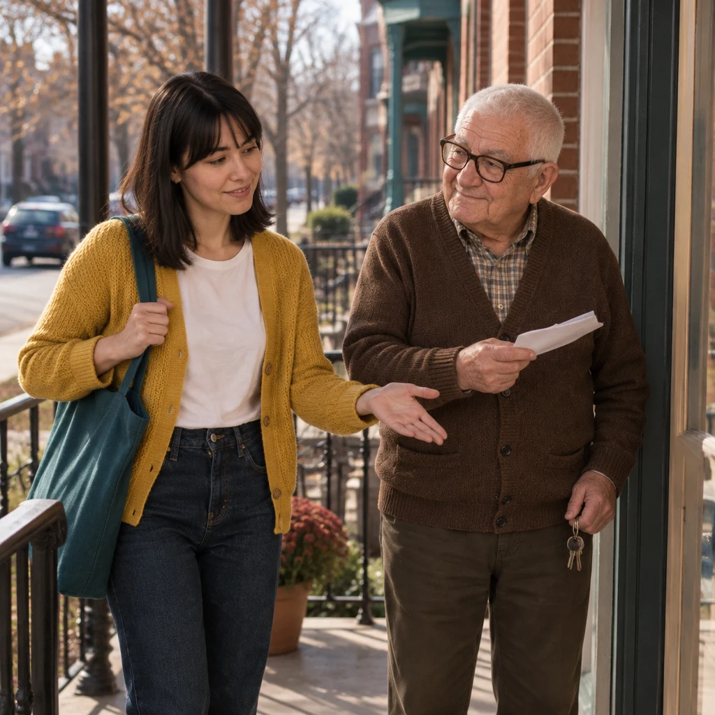 Ana gestures toward the doorway as if asking about a notice, while Mr. Kowalski points her back to the paper.
