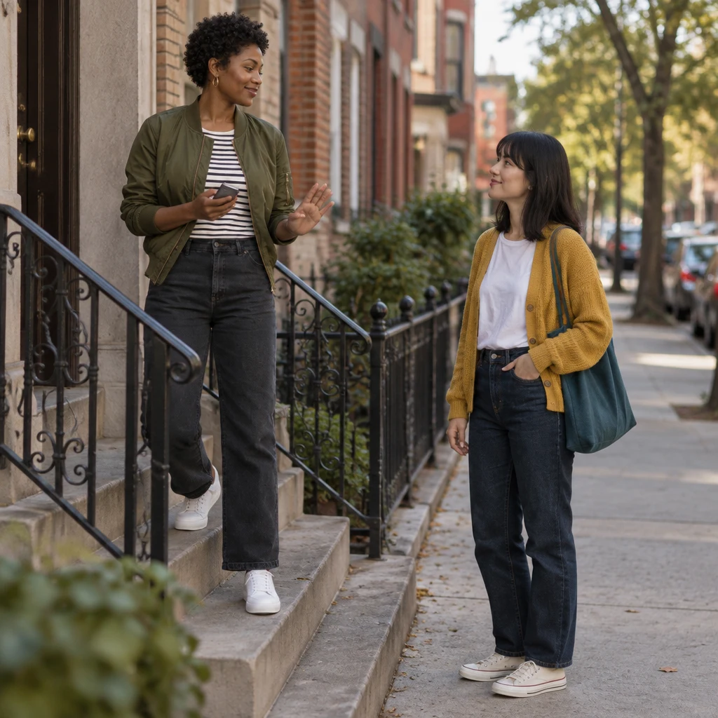 Tasha pauses on her three-flat stoop to ask whether Ana has time.