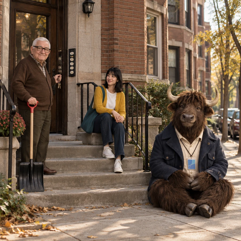 Mr. Kowalski stands by the three-flat entrance with keys and a snow shovel as Ana and Murray wait nearby.