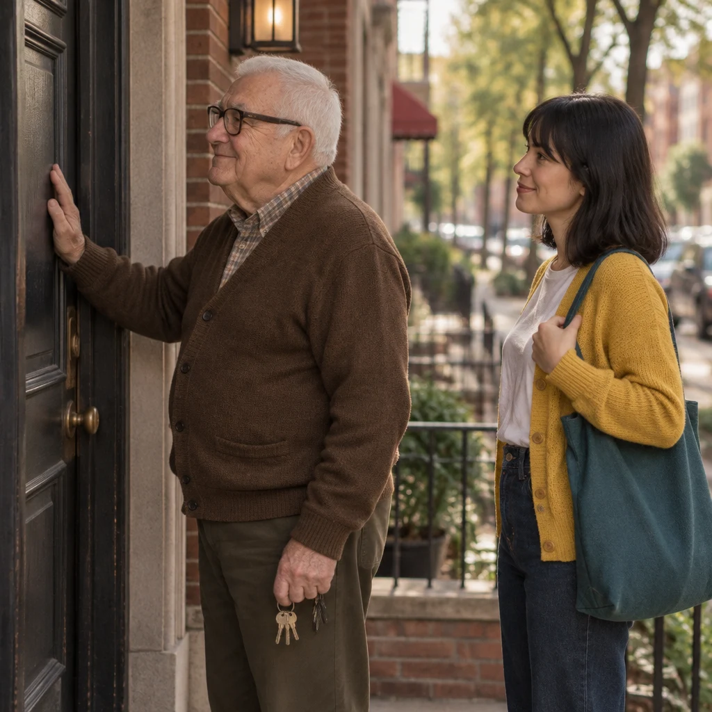 Mr. Kowalski indicates the closed front door while Ana stands beside him.