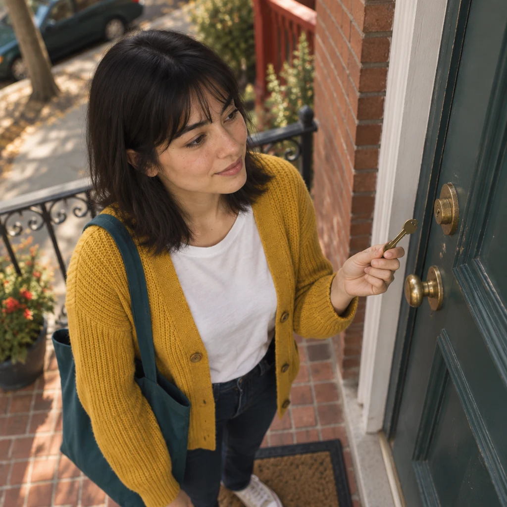 Ana holds a key near the front-door lock and pauses to consider how to use it.