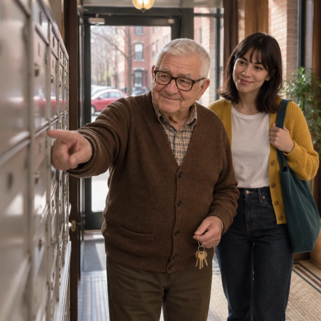Mr. Kowalski points out the mailboxes in the first-floor vestibule to Ana.
