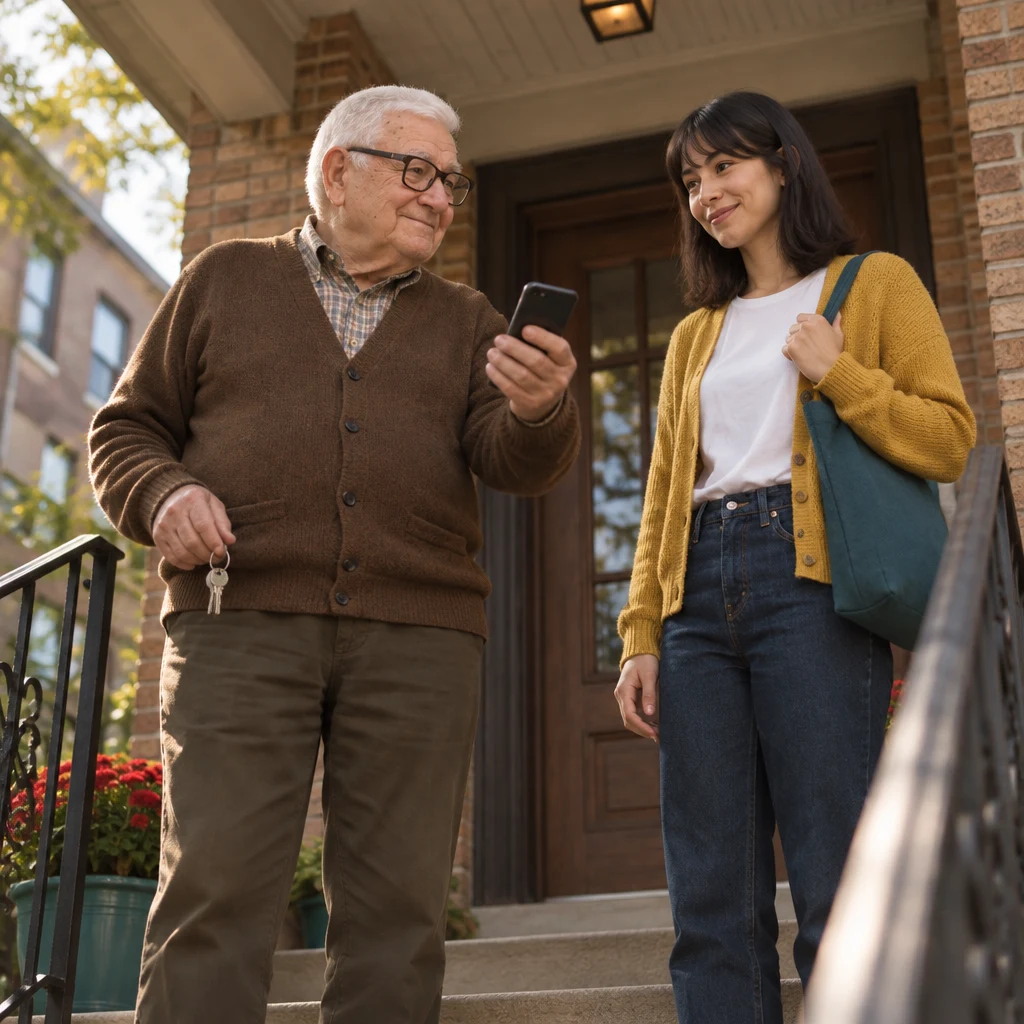 Mr. Kowalski holds up his phone as Ana listens beside the porch entrance.