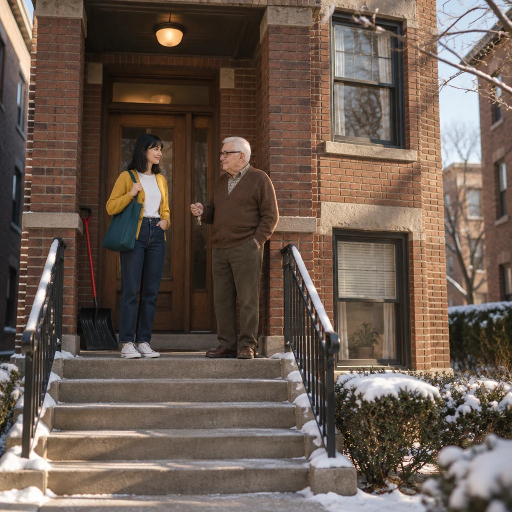 Ana and Mr. Kowalski meet on the porch of the brick three-flat, with a snow shovel by the door and keys in his hand.