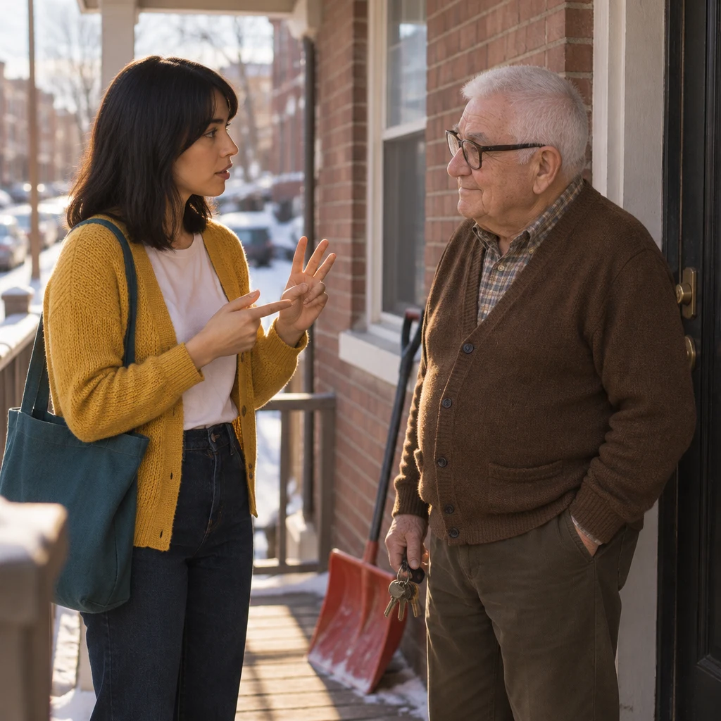 Ana raises a hand and counts on her fingers as she asks Mr. Kowalski about the rent date.