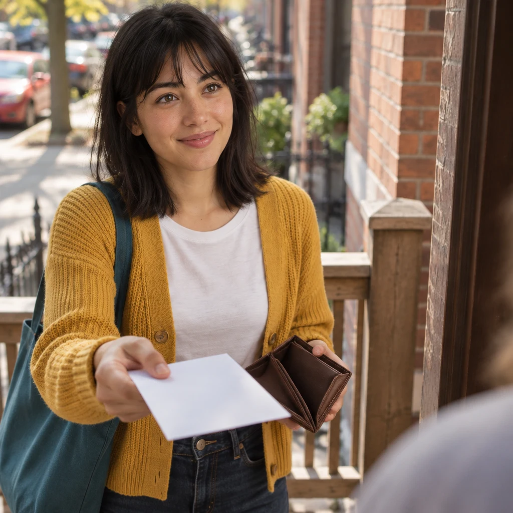 Ana opens her wallet and holds out a blank bank paper to ask whether this way of paying is okay.