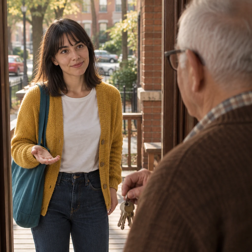 Over Mr. Kowalski’s shoulder, Ana gestures toward him as she asks who should receive the rent money.