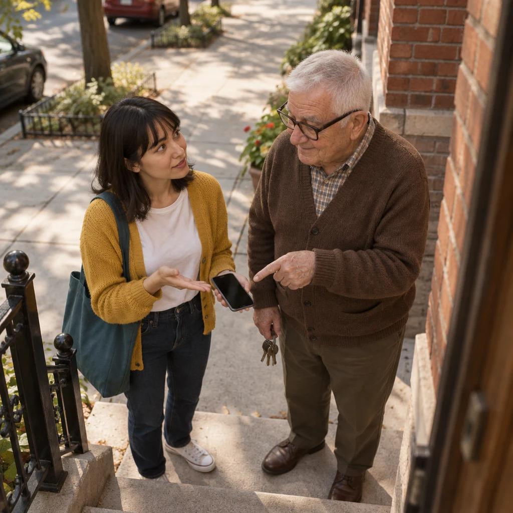 Ana holds up her phone as she asks Mr. Kowalski how to pay the power bill.