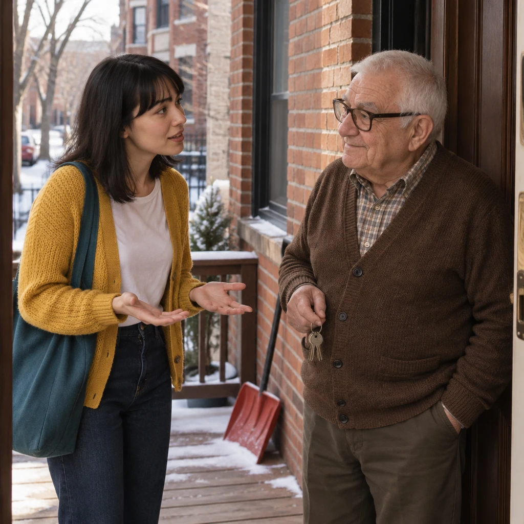 Ana holds both palms up as she asks about an extra charge for late rent, while Mr. Kowalski turns to listen.