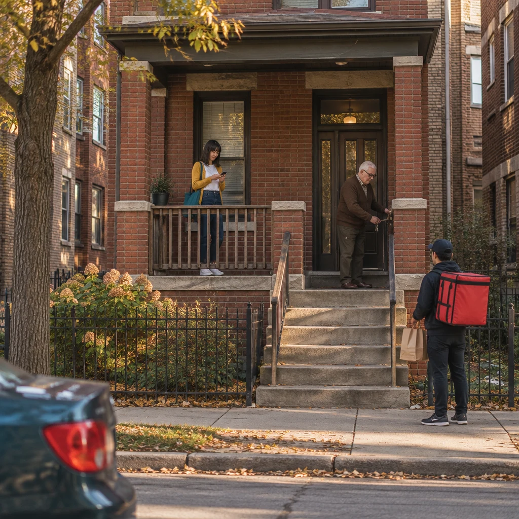 Ana checks her phone on the empty porch as Mr. Kowalski opens the first-floor door and a food driver waits nearby.