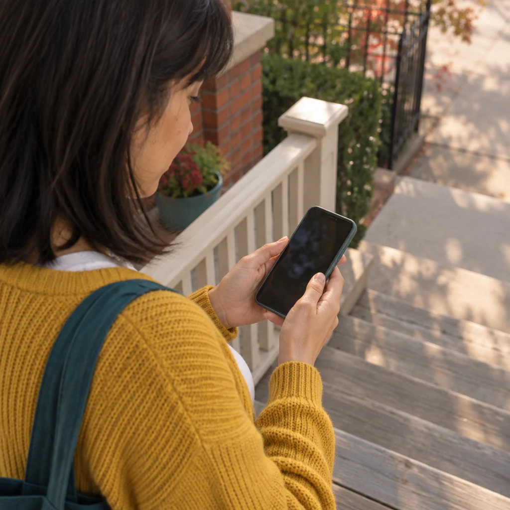 Ana checks her phone while the porch steps remain empty.