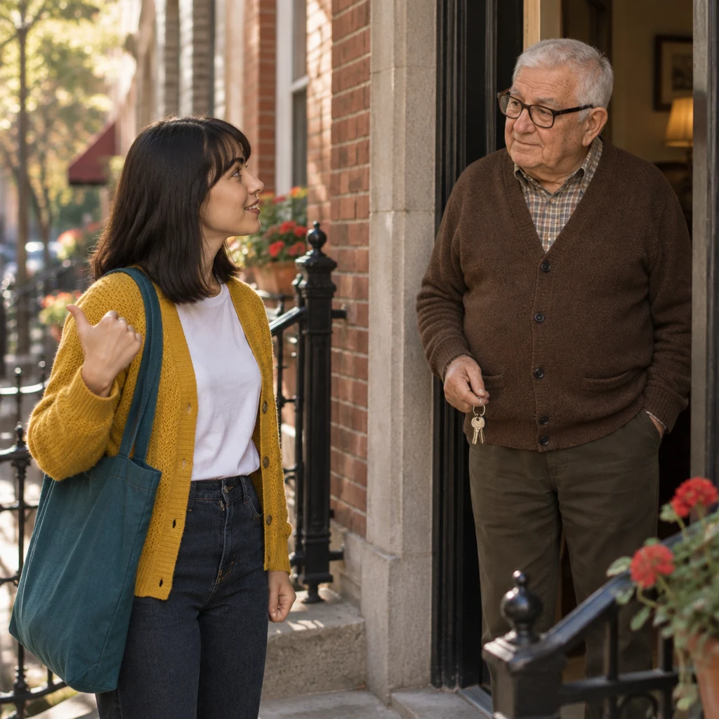 Ana gestures toward Mr. Kowalski in the doorway as the person next door who could receive the package.