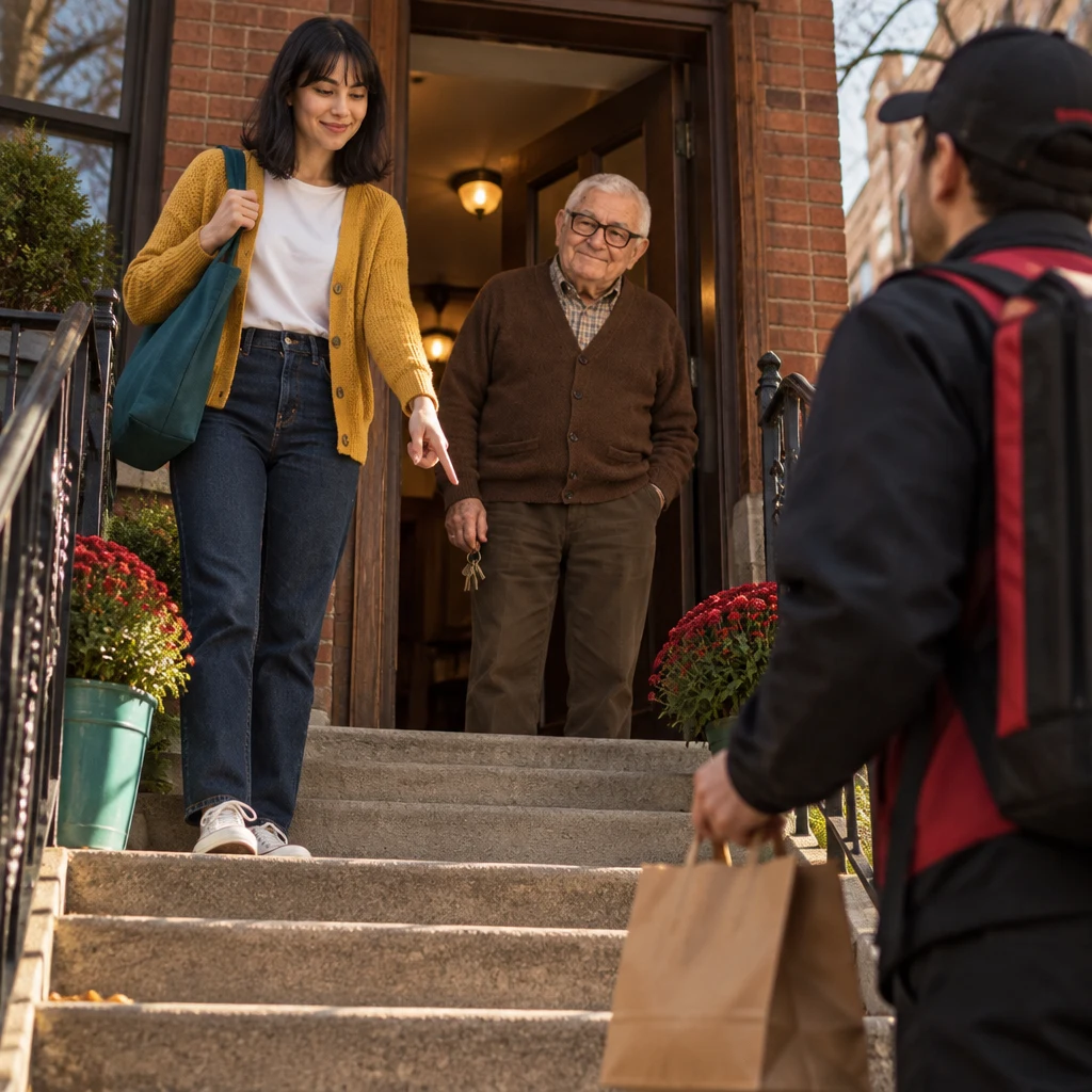 Ana points to the front steps while a food driver waits with a bag and Mr. Kowalski watches from the doorway.