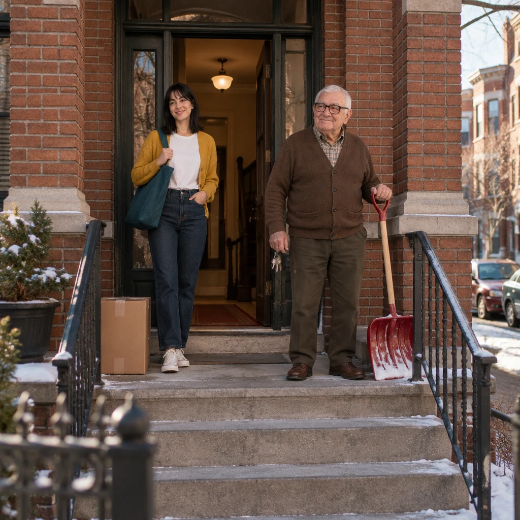 Ana stands with her teal tote by the front door while Kowalski and a box are on the porch.