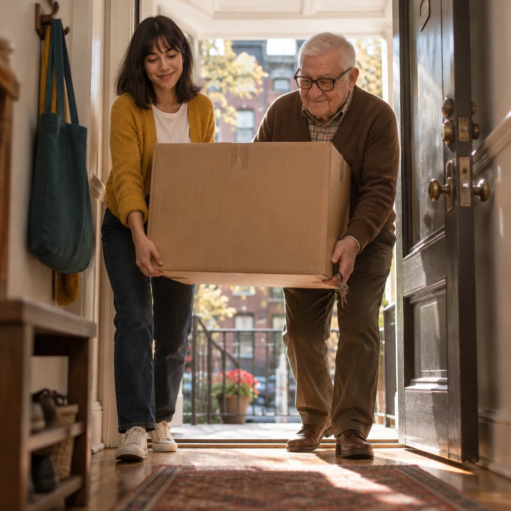 Ana and Kowalski carry the box across the threshold toward a spot beside the hall door.