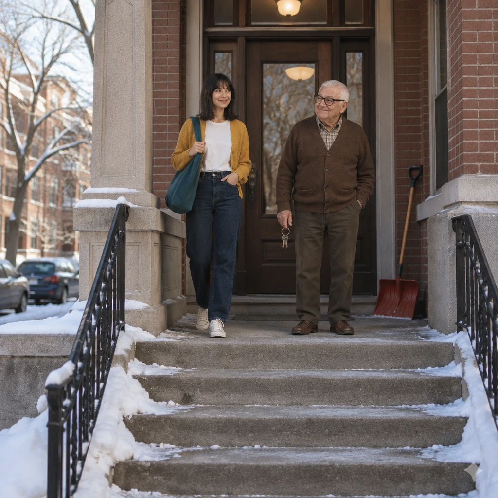 Ana joins Mr. Kowalski on the cold porch beside the snow shovel and keys.