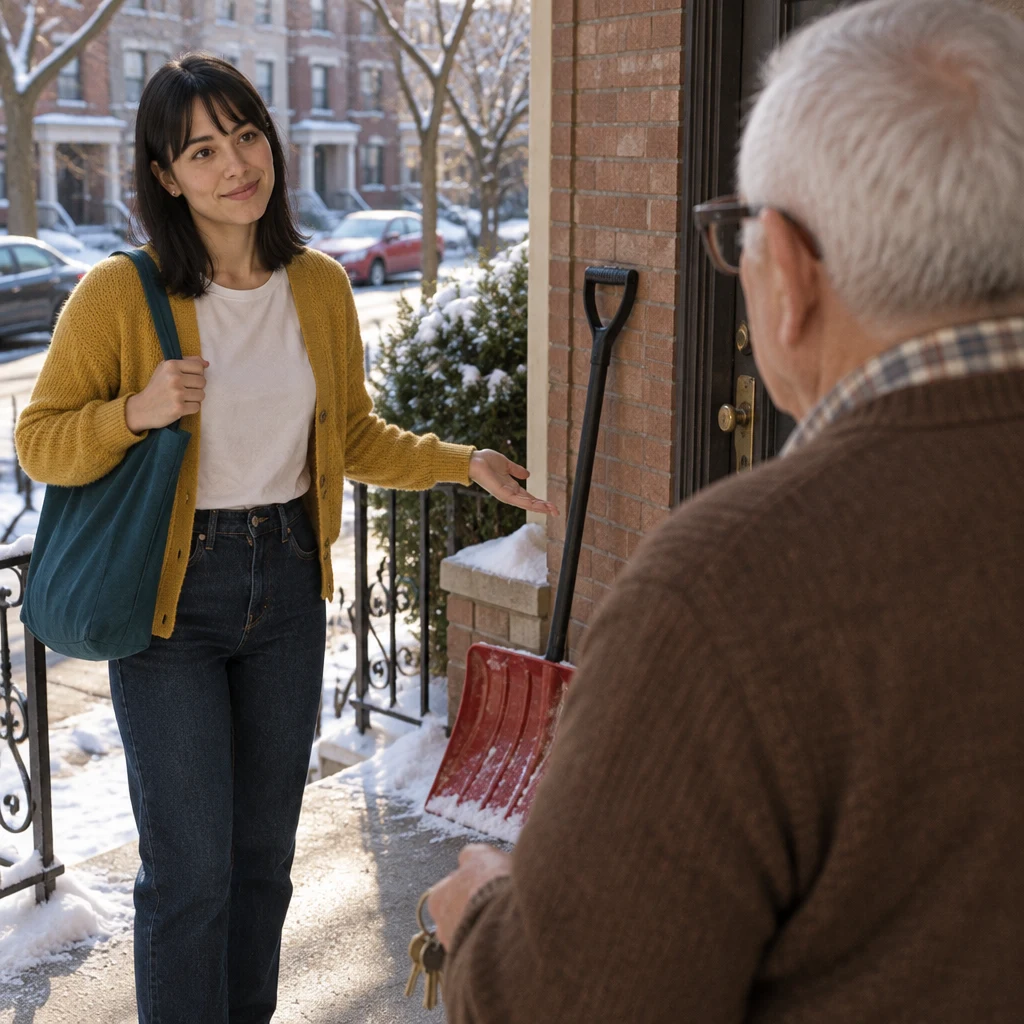 Ana asks Mr. Kowalski if she may borrow the snow shovel for a short time.