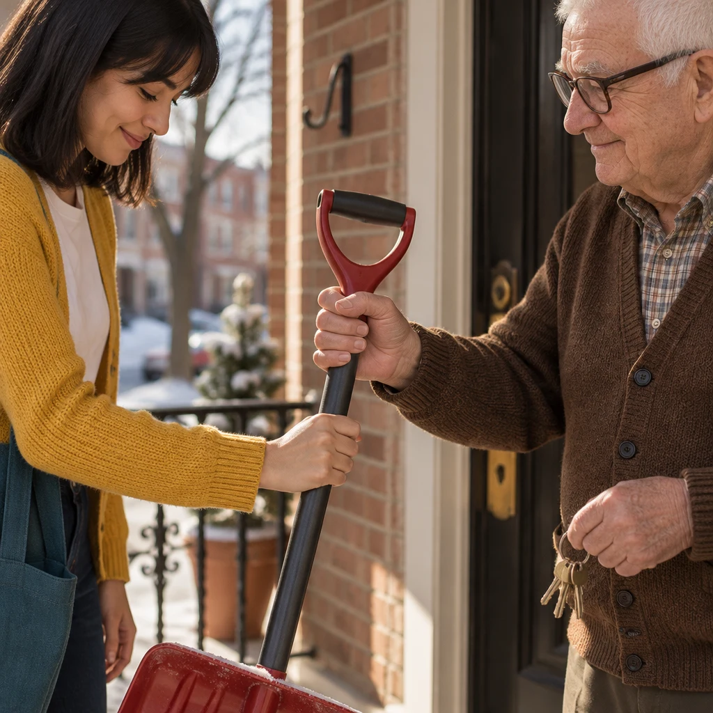 Ana accepts the snow shovel from Mr. Kowalski and thanks him.