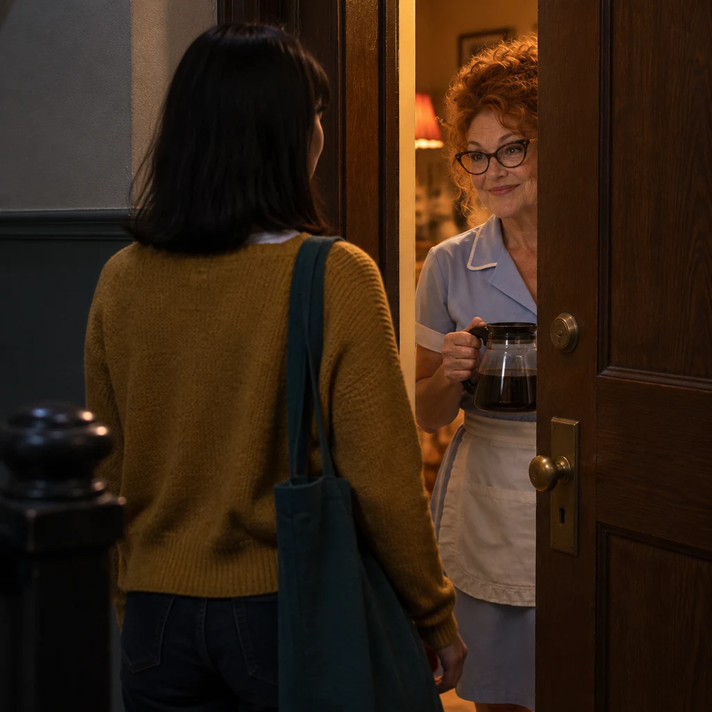 Ana stands on the upper landing after knocking as Dee opens the door only a little.