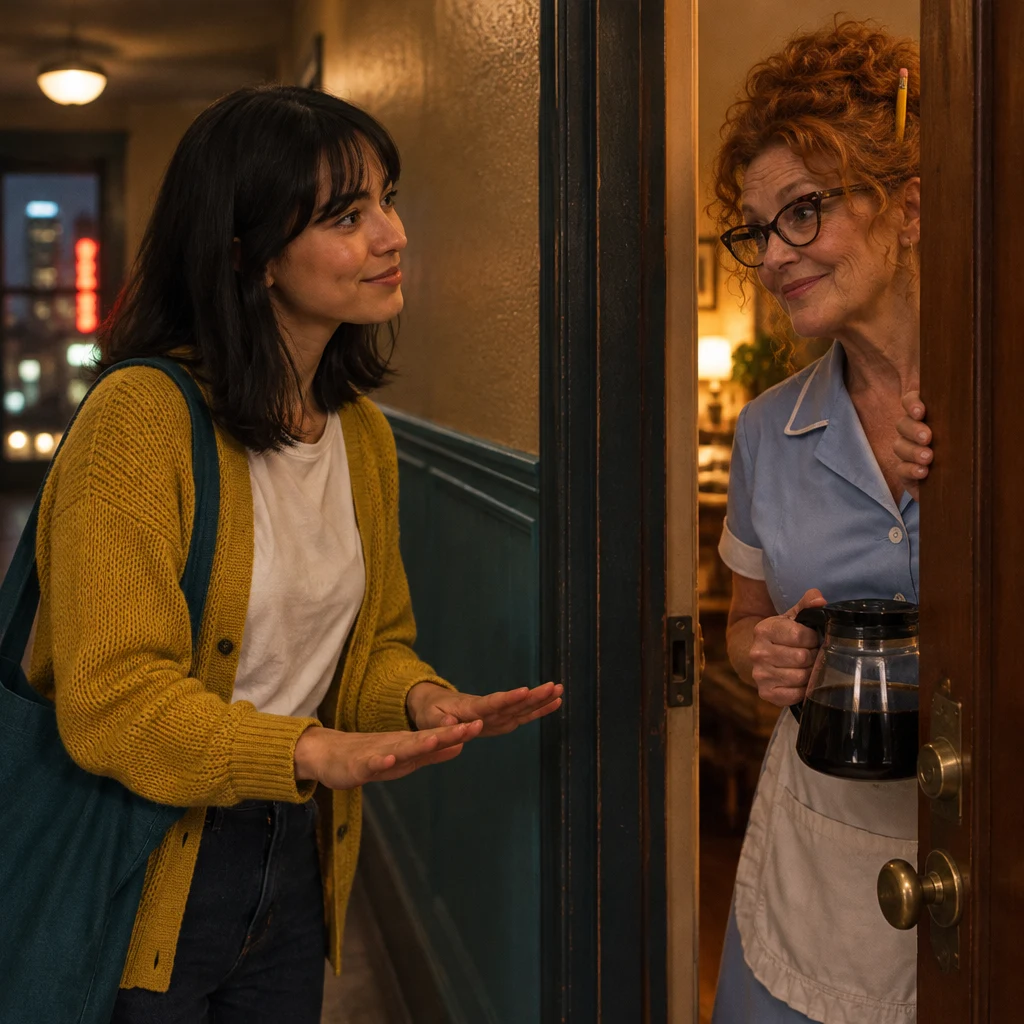 Ana turns both palms down in a gentle request for less noise toward Dee at the barely open door.
