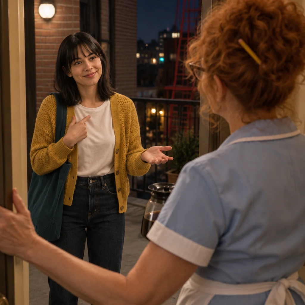 From behind Dee, Ana gestures between herself and Dee while asking for a plan that can help them both.