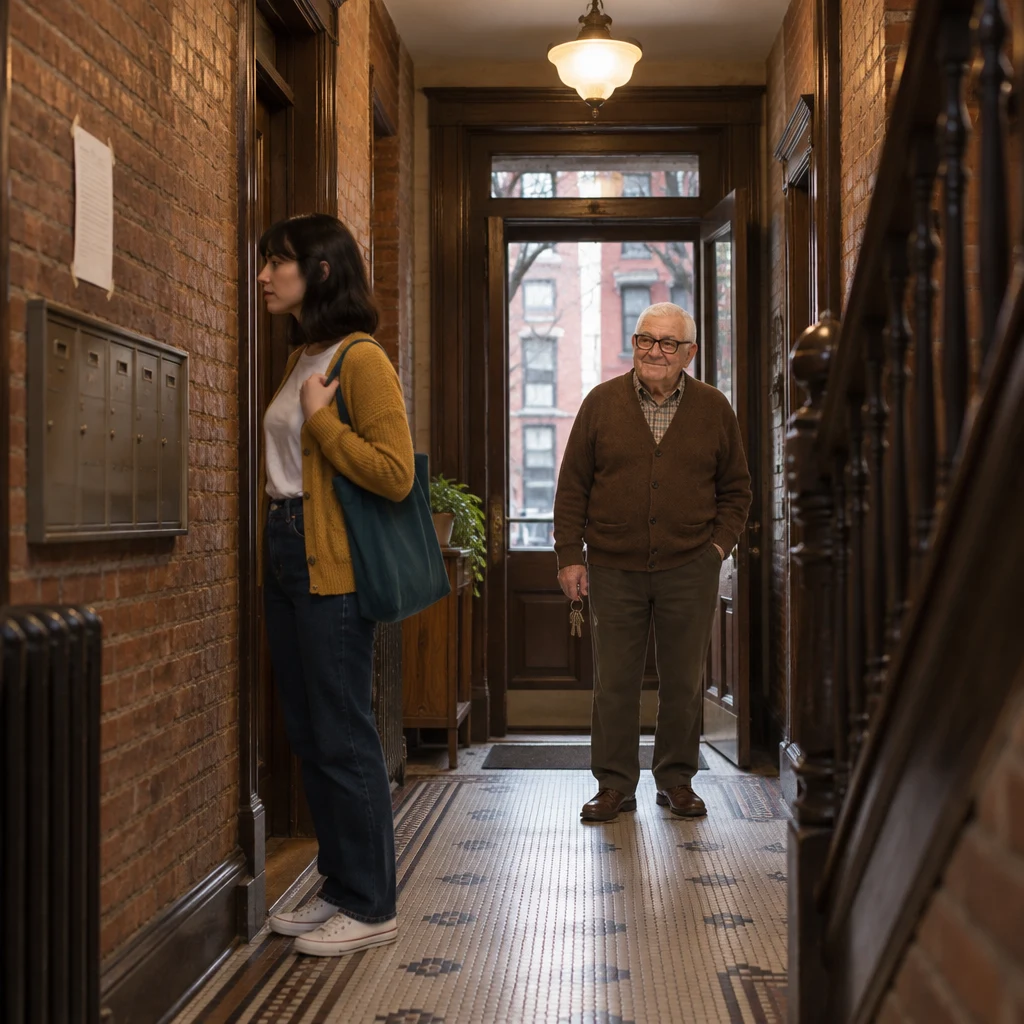 Ana pauses by the mailboxes to read a sheet on the wall while Mr. Kowalski waits in the doorway with his keys.