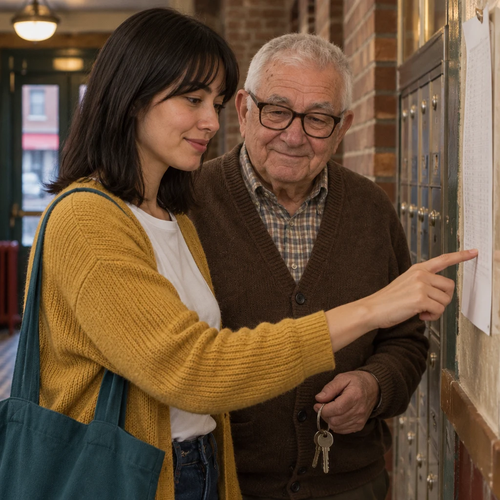 Ana points to a spot on the paper as Mr. Kowalski waits nearby with his keys.