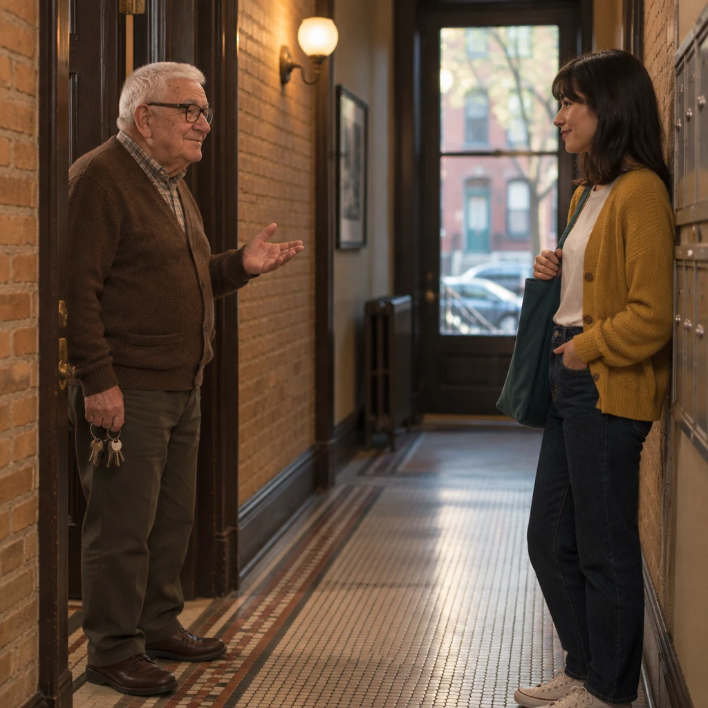 Mr. Kowalski stands in profile in the doorway, explaining with one palm open as Ana listens.