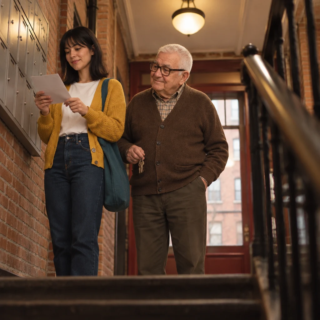 Ana points to the sheet again while Mr. Kowalski remains nearby, ready to help.