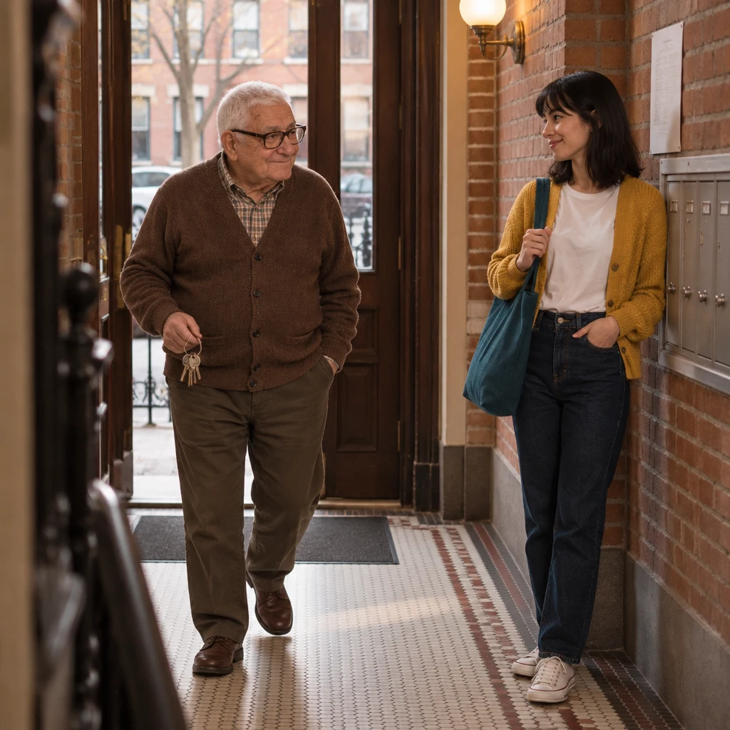 Mr. Kowalski steps out from the first-floor doorway with his keys and gives Ana a reassuring nod.