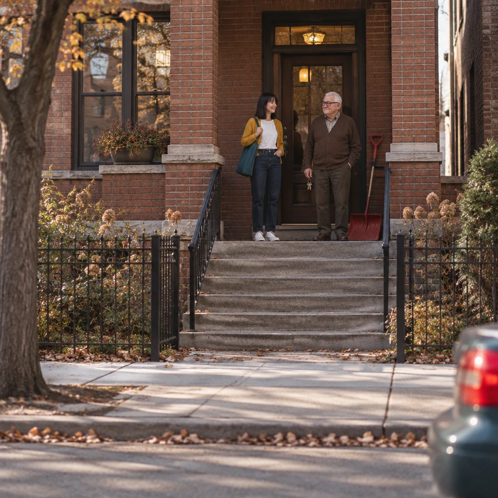 Ana arrives at the brick three-flat porch while Mr. Kowalski waits by the front door with his keys.