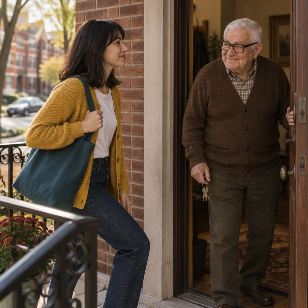 Ana steps toward the doorway with her tote bag as Mr. Kowalski greets her.
