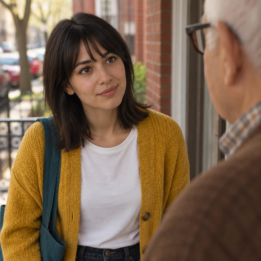 Ana looks toward Mr. Kowalski with a questioning expression as she asks whether the monthly price will change.