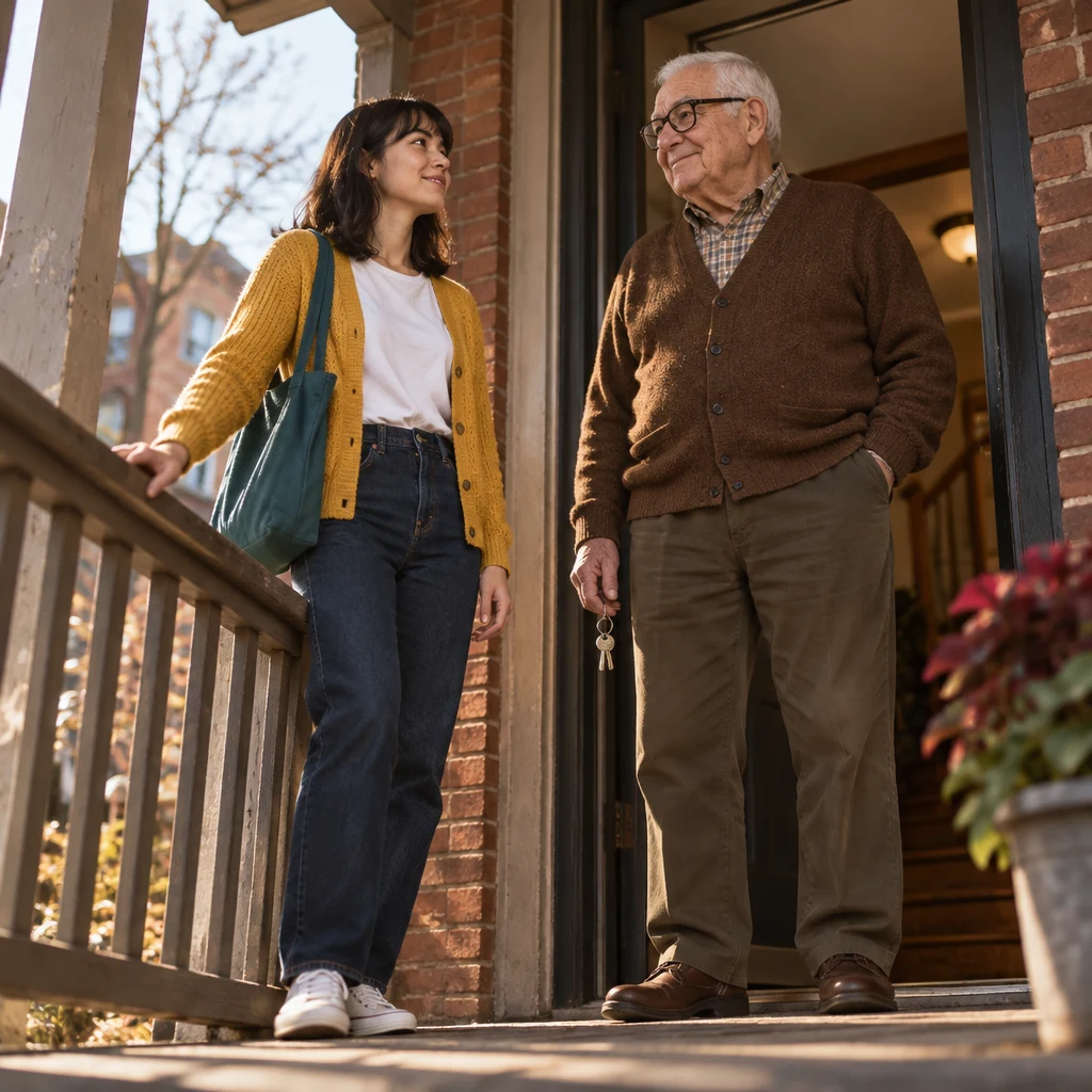 Ana makes clear that she chooses to keep living in the apartment while Mr. Kowalski listens.