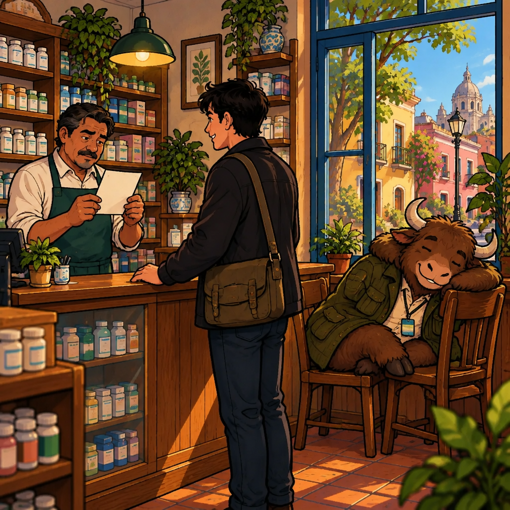 A quiet shop interior where Alex holds a paper schedule at the counter while Justin stands nearby and Yako dozes on two chairs by the window.