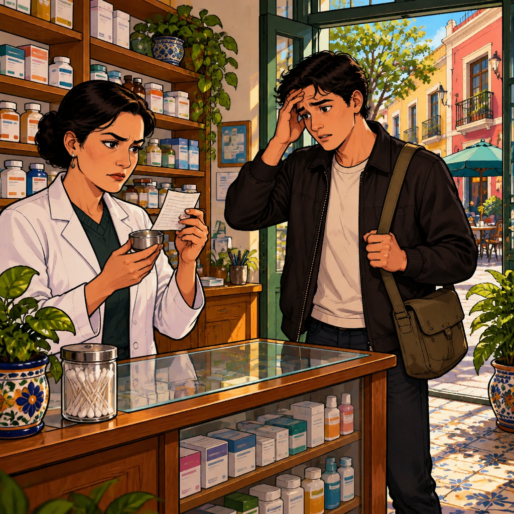 Justin enters Esther's pharmacy with a headache while Esther distrustfully examines a small medicine tin containing a handwritten note, with Café Laurel visible across the sunny street.