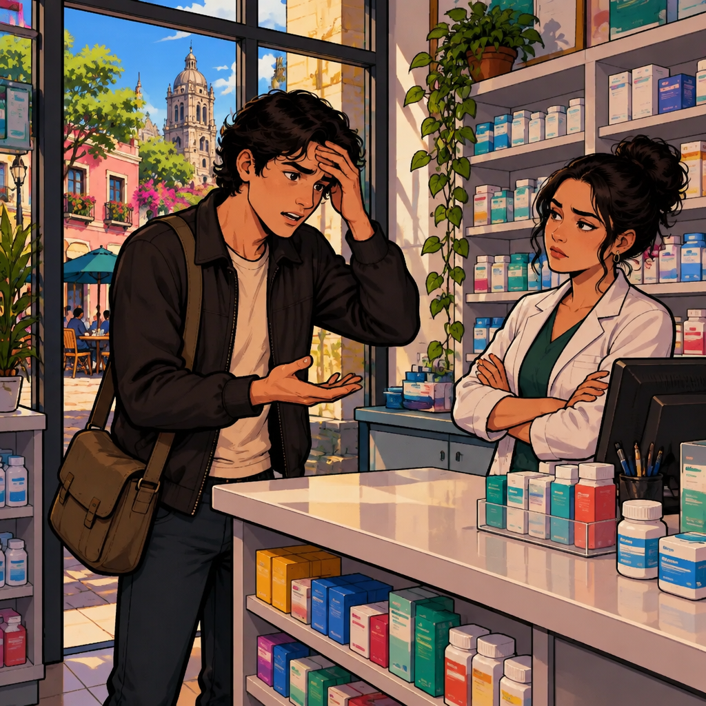 Justin, the speaker, presses his forehead and gestures toward the pharmacy shelves as he asks for something for his headache.