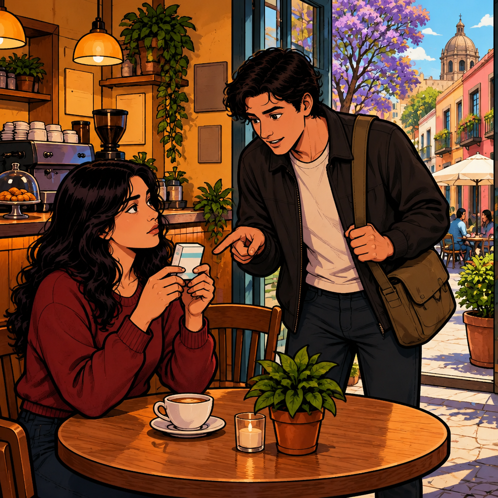 Justin, the speaker, points at the medicine in Esther's hand and asks how often he should take it.