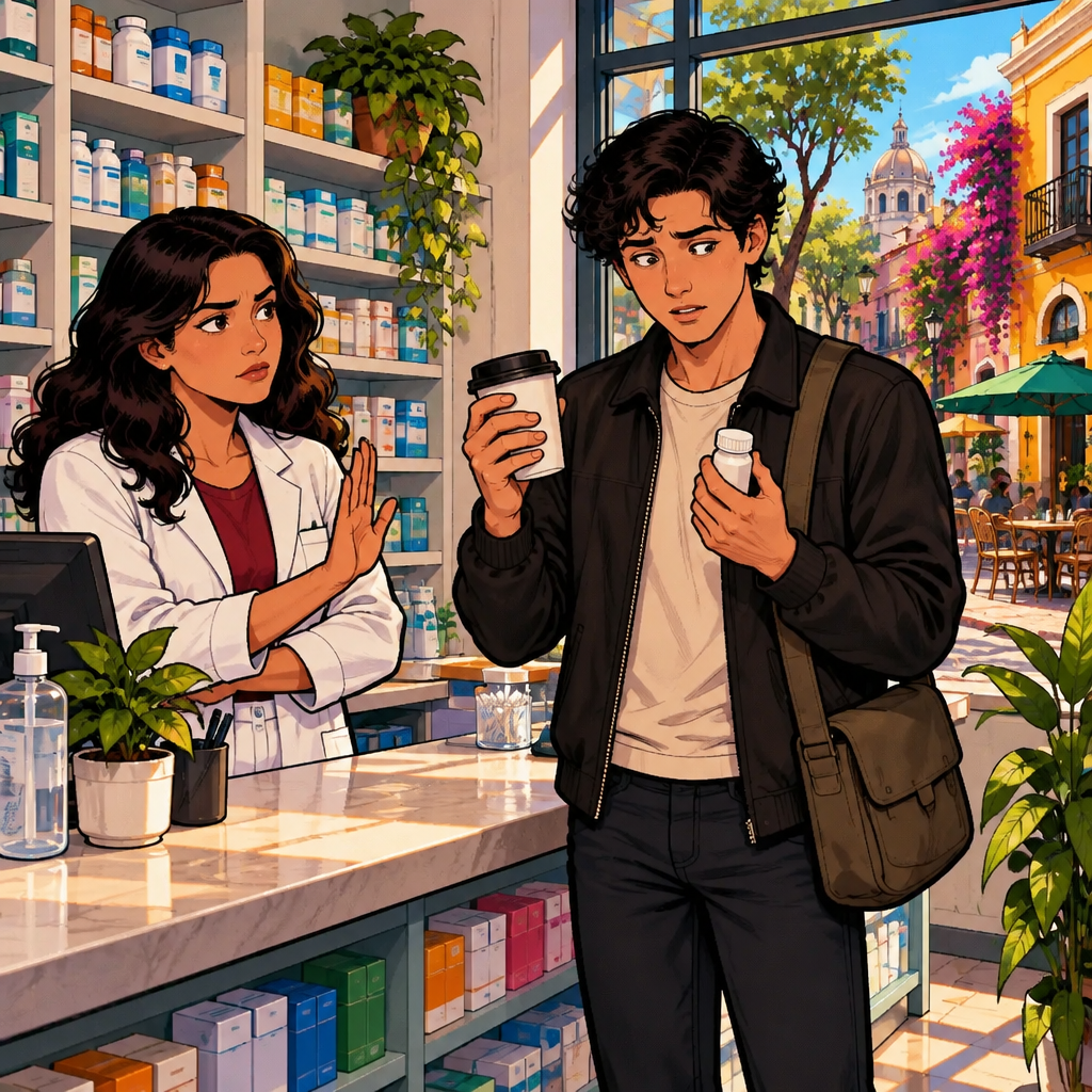 Justin, the speaker, holds a plain coffee cup beside the medicine and asks whether he can take them together.
