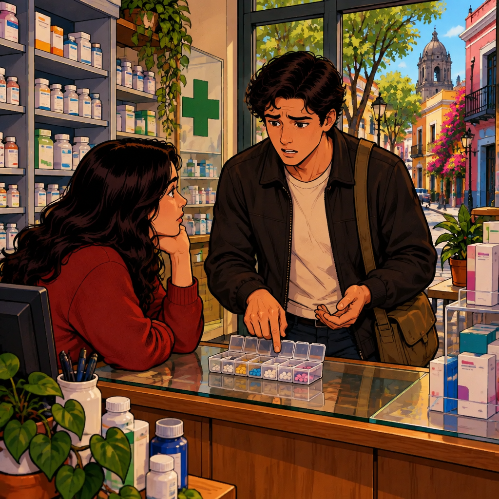 Justin points worriedly to an open, empty space in a simple pill organizer to indicate that he missed a dose.