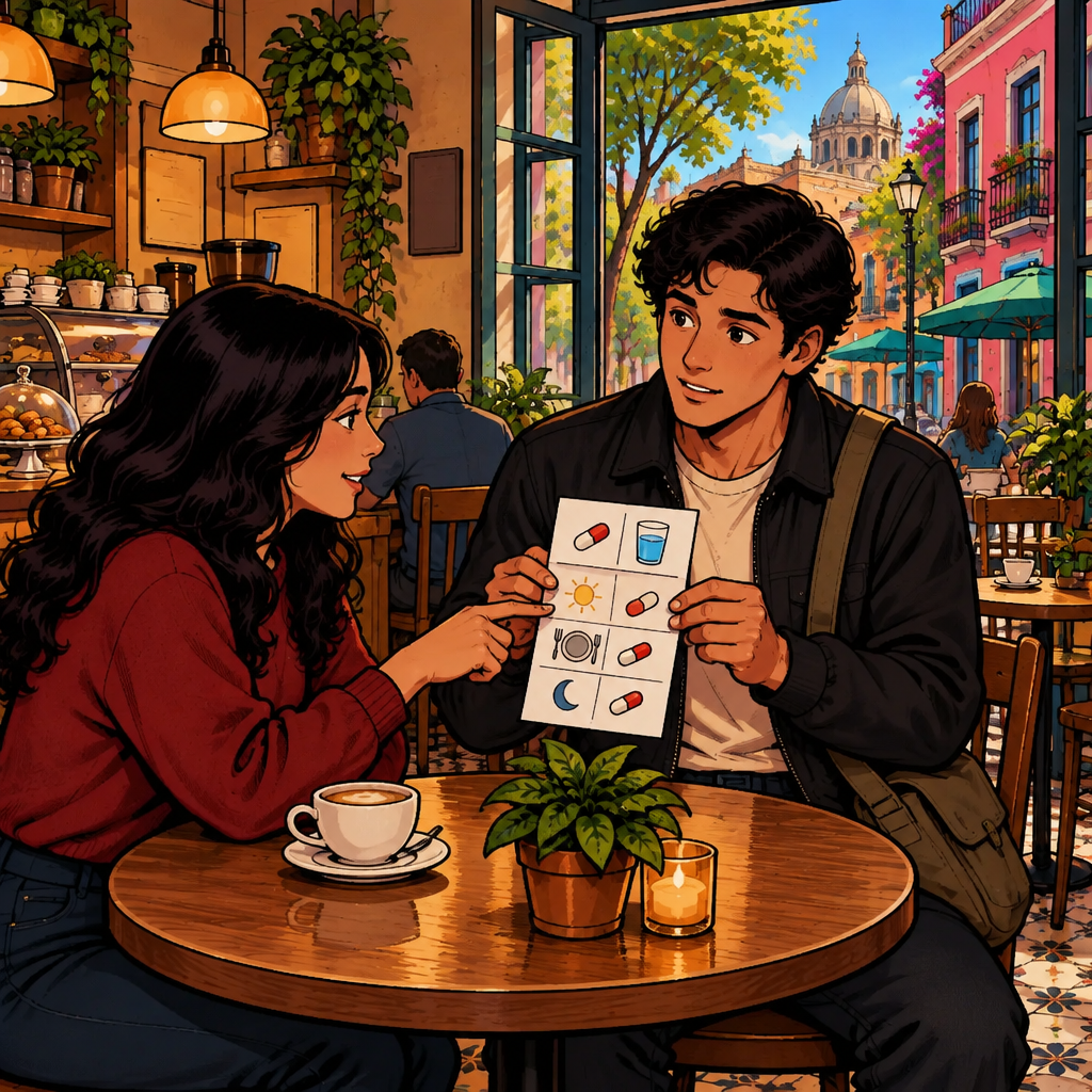 Justin holds the prescription instructions out to Esther and asks her to explain them.