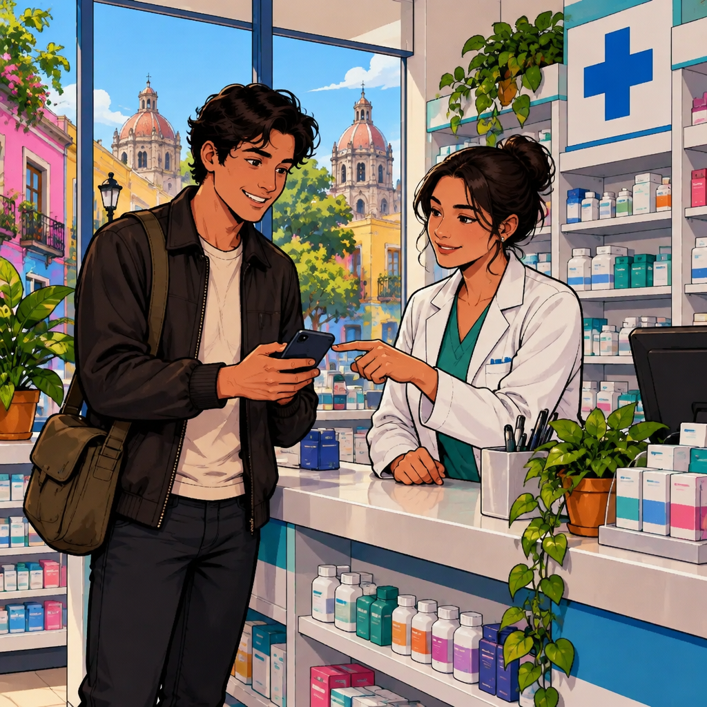 Justin stands at Esther's counter using her phone while Esther quietly gives him the clinic's contact information.